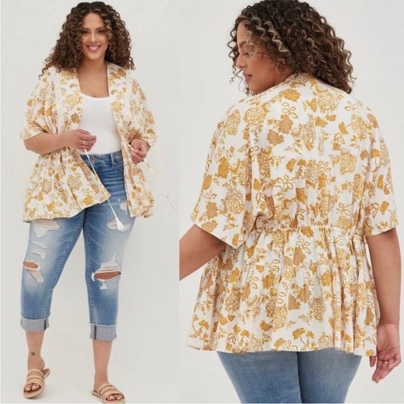 Torrid Ruffle Kimono Jacket Womens sz 5 5X Golden Yellow Floral Tassel Rayon - Picture 1 of 9